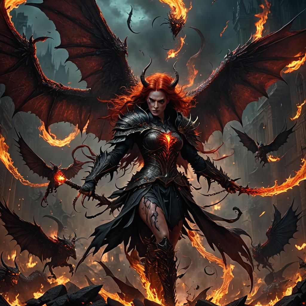 Fiery Female Demon in Detailed Matte Painting