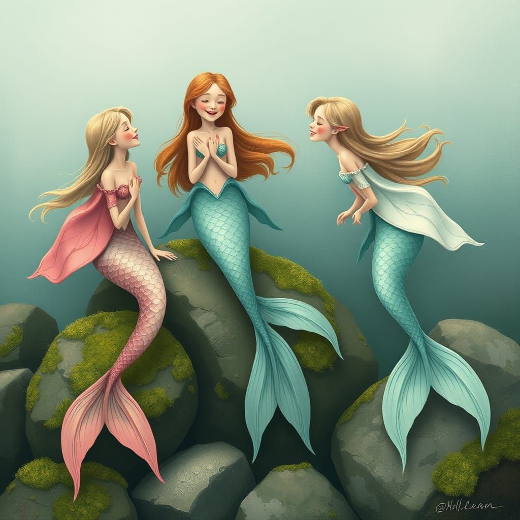 Whimsical Mermaids Play on Mossy Rocks