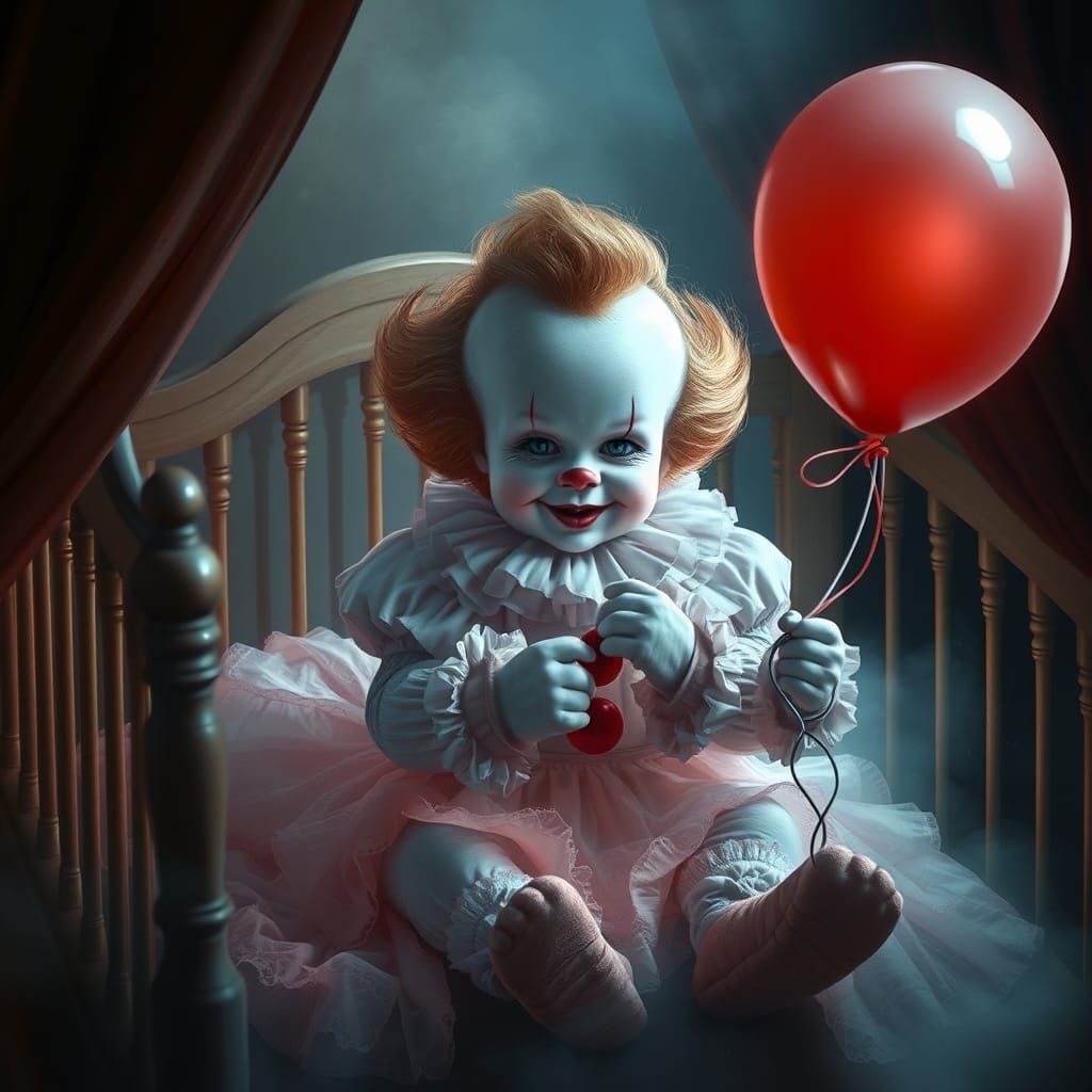 Ethereal Baby Pennywise in Crib with Balloon