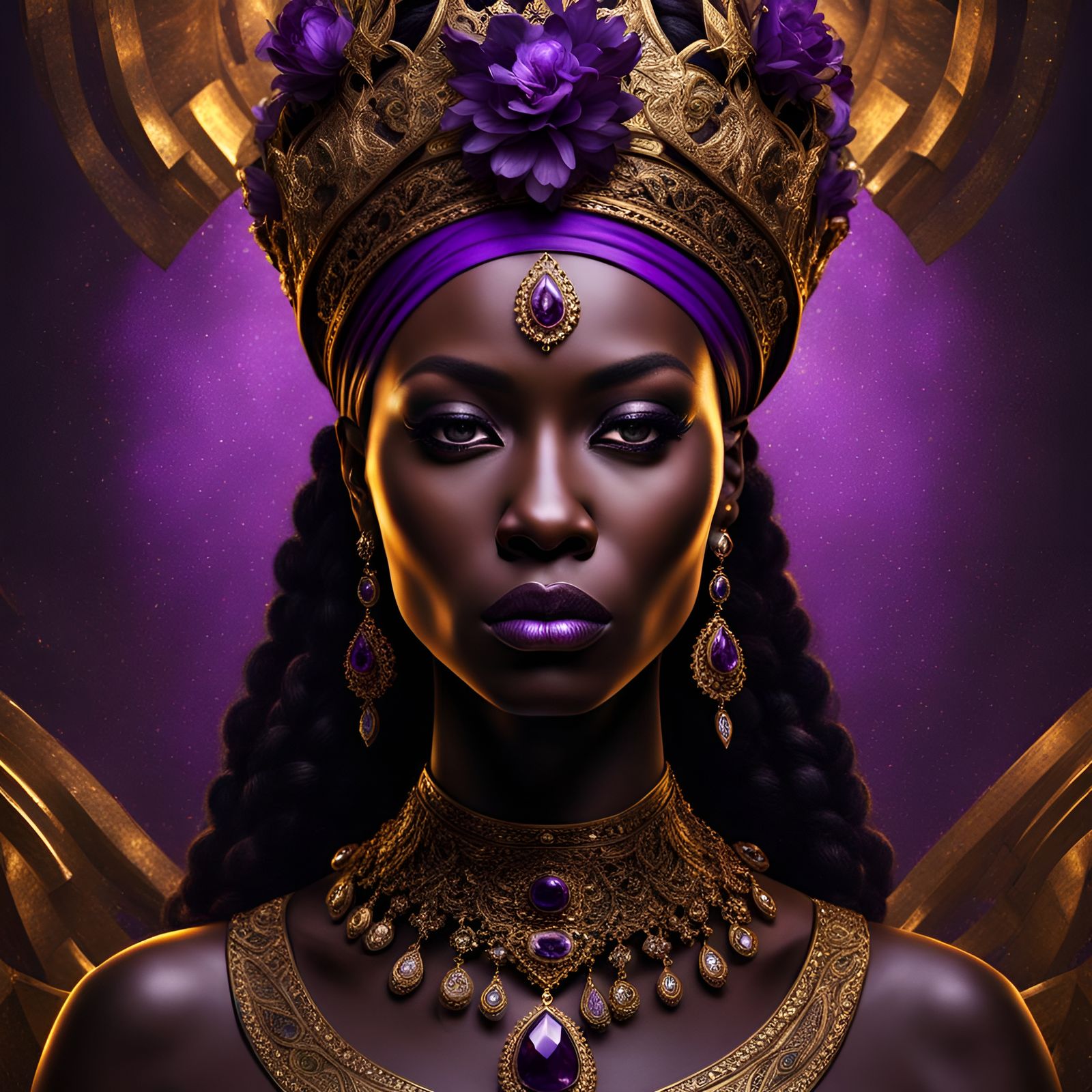 Black Goddess with Golden Crown in Purple Hues