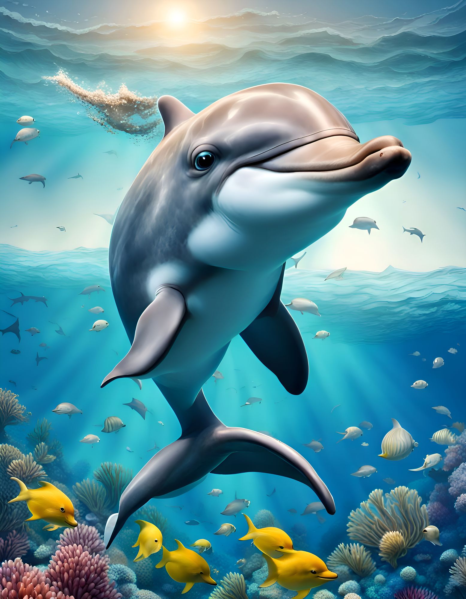 Happy Dolphin in Ocean with Colorful Marine Life - AI Art