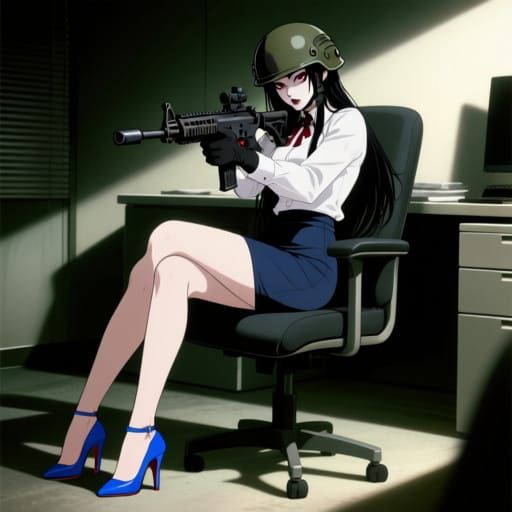 Anime Vampire Woman in Combat Gear Sits in Office