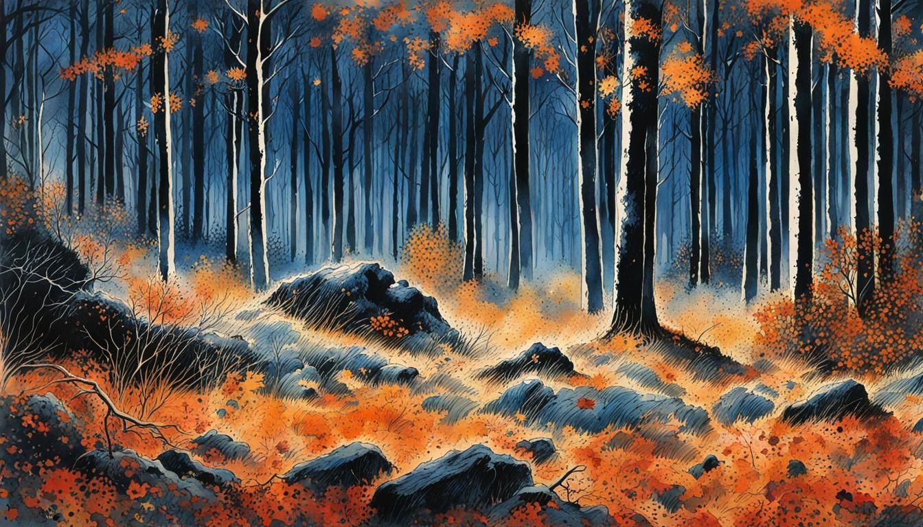 Autumn Leaves in First Frost, Ink Splash Watercolor