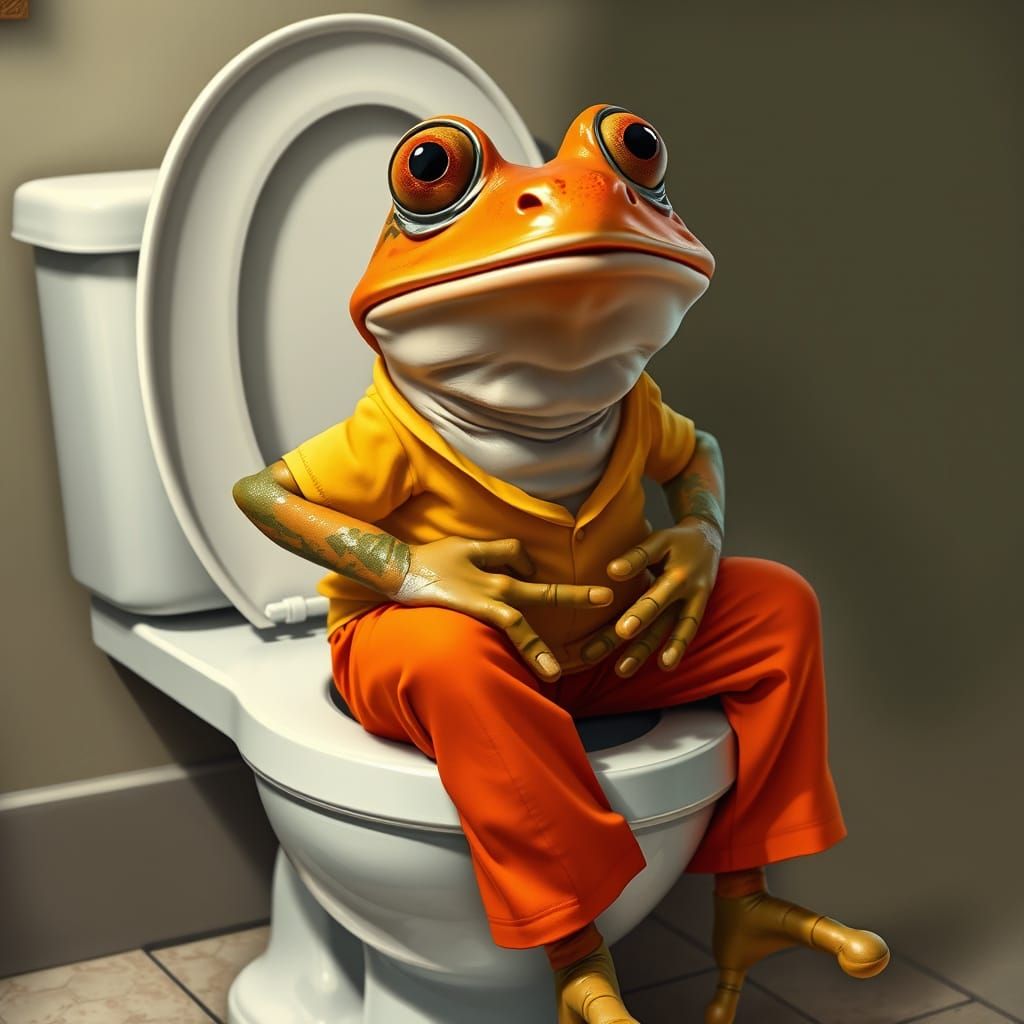 Surprised Frog on Toilet in Photorealistic Style
