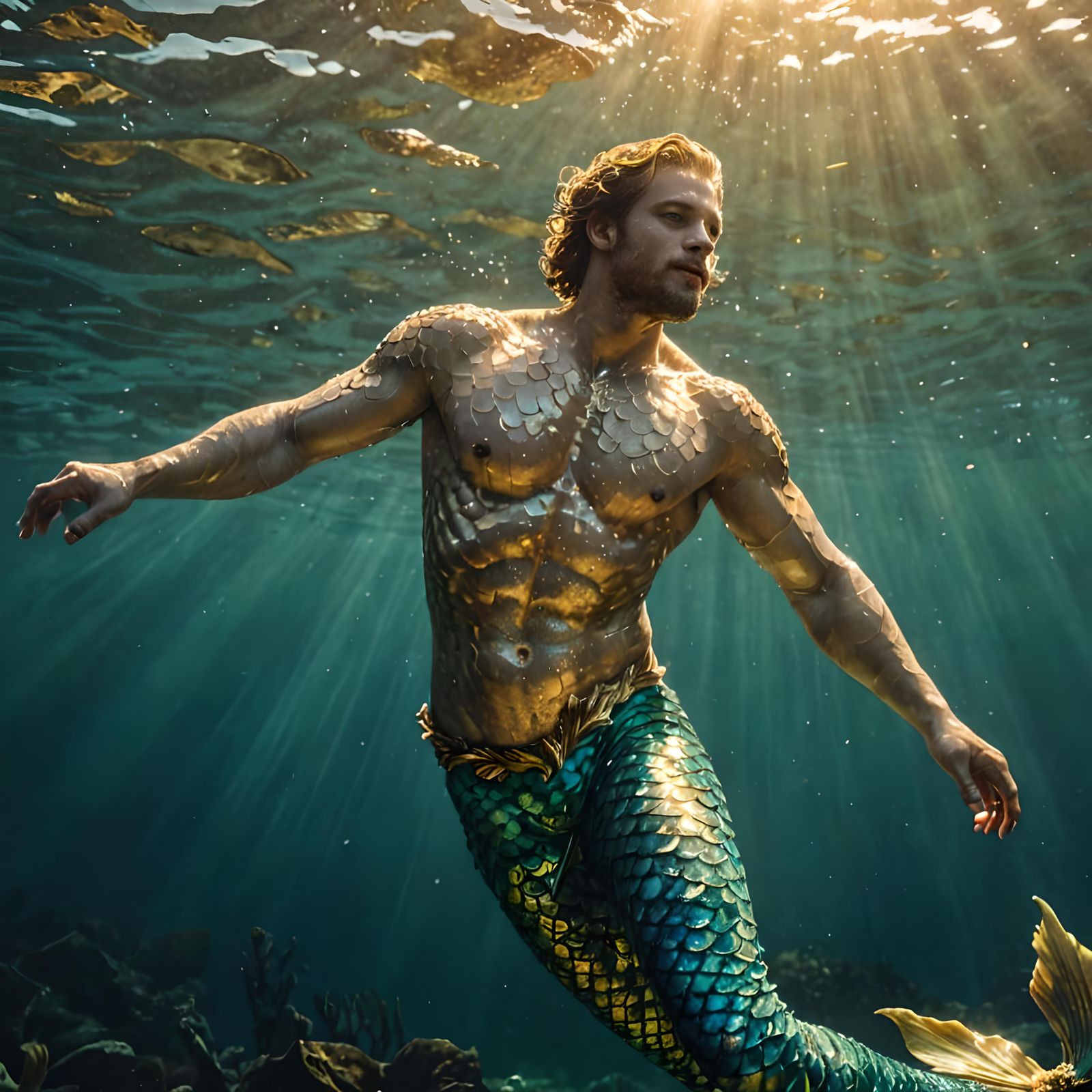 Hyperrealistic Merman Swimming Underwater in Cinematic Style