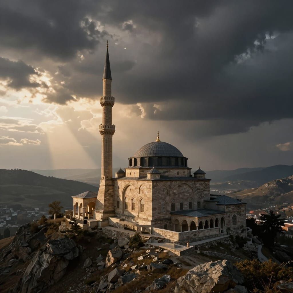 Ancient Stone Mosque on Mountain Peak Under Stormy Skies