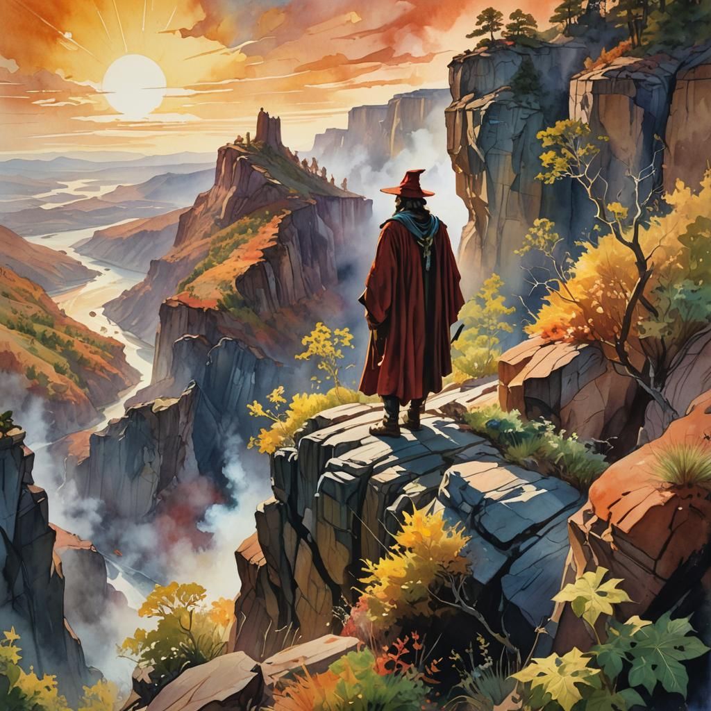 Mystical Watercolor Landscape with Wizard, Fantasy Art