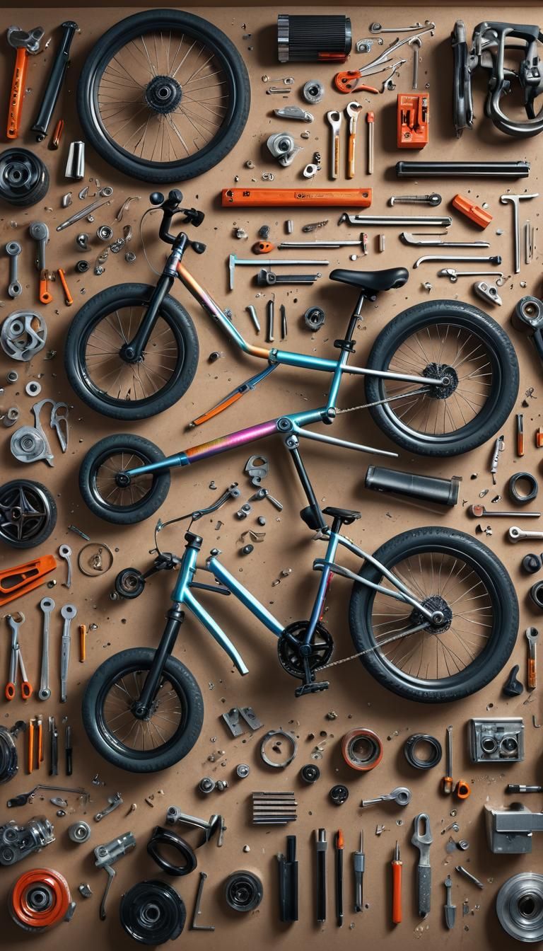 BMX Bike Parts on Workbench: Hyper-Realistic Digital Art