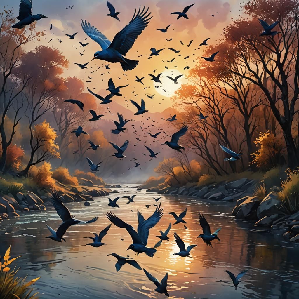Birds Flying Over River at Sunset Watercolor Painting