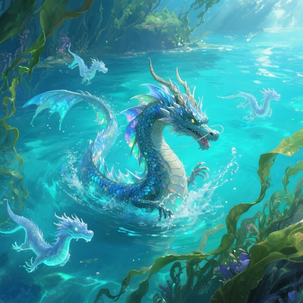 Majestic Water Dragons Play in Turquoise Lagoon