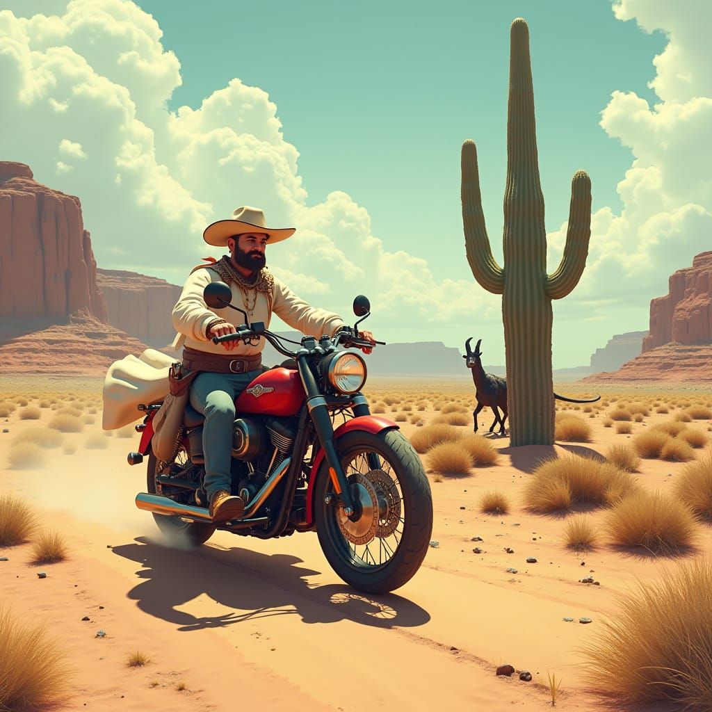 Jesus Rides a Red Harley Through a Desert Landscape in a Det...