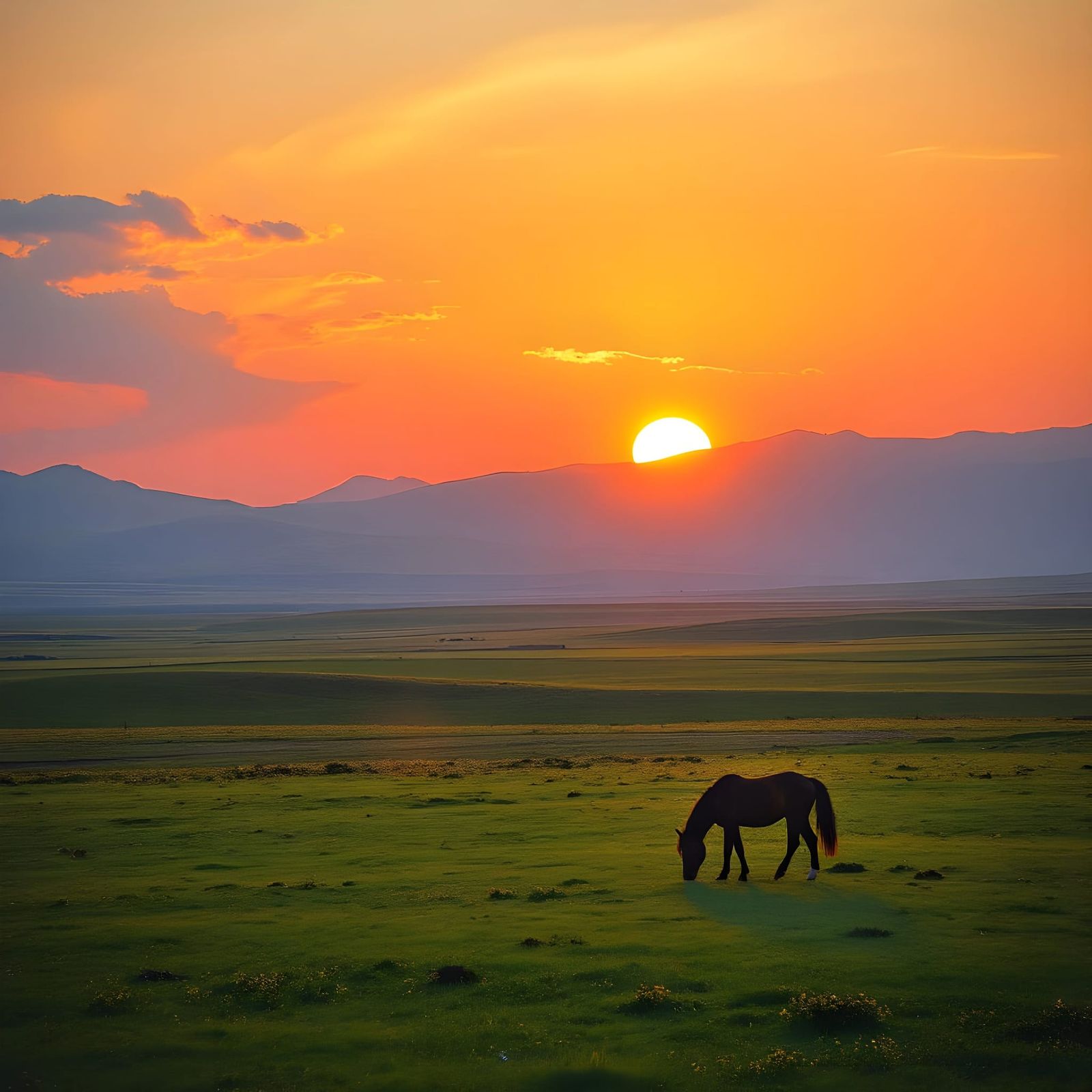 Surreal Mongolian Sunset in Dreamlike Impasto Style
