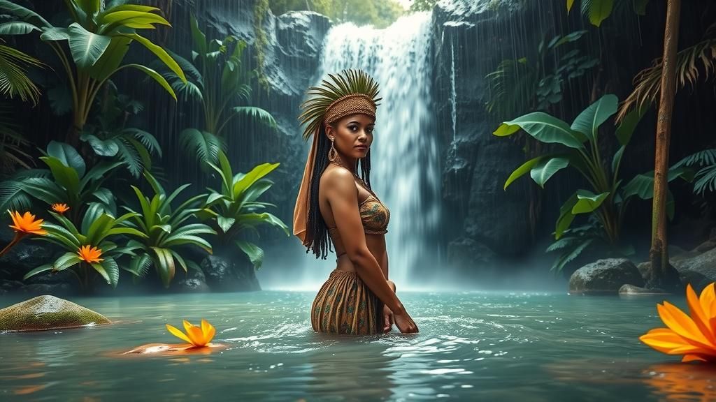 Amazonian Woman Bathes in Rainforest Waterfall