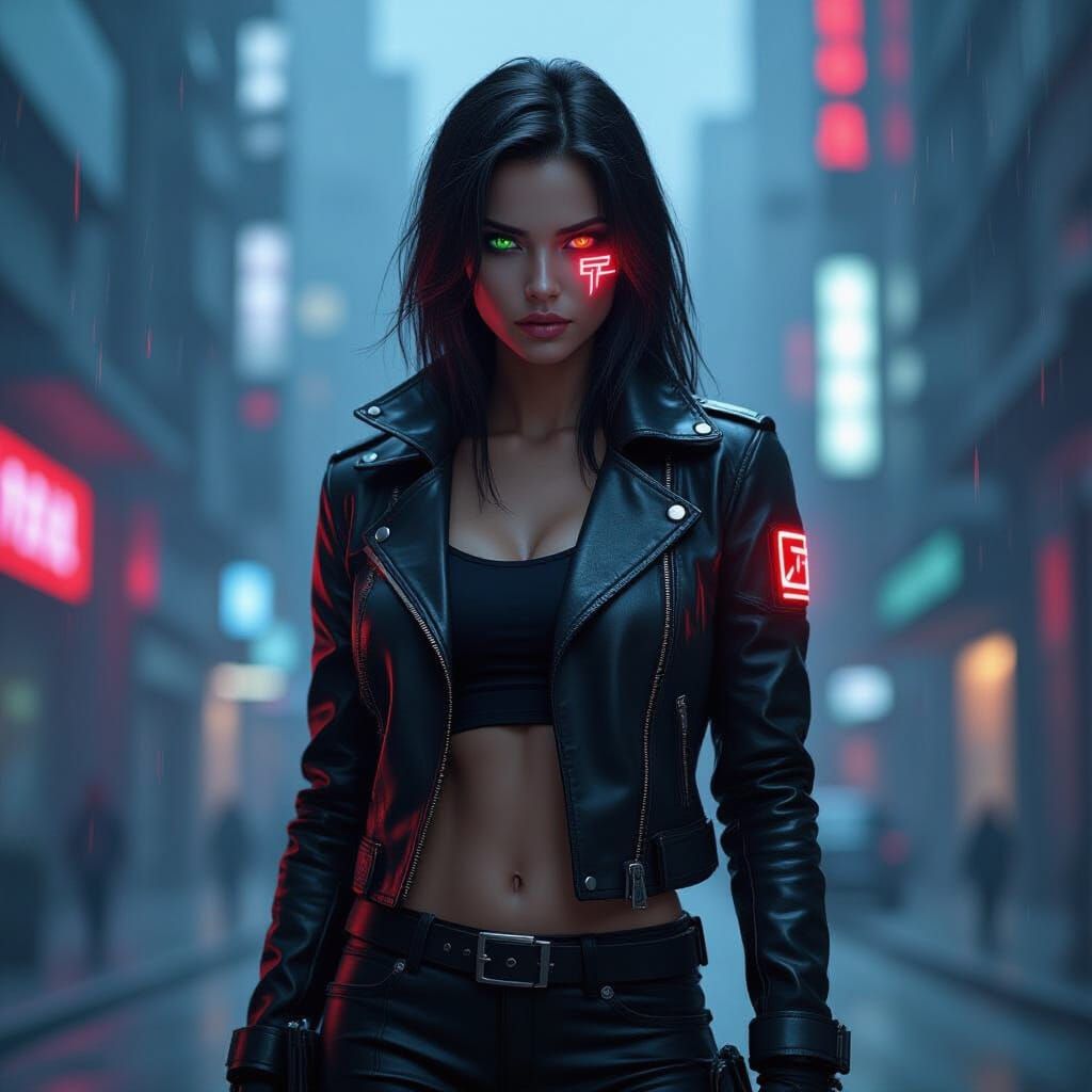 Cyberpunk Woman with Glowing Glyph in Futuristic Cityscape