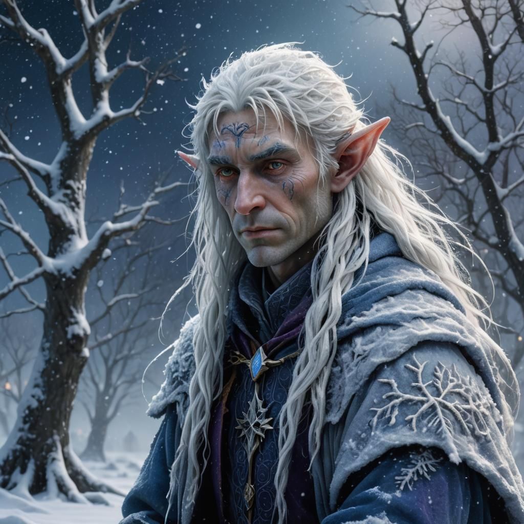 White-Haired Elf in Snowy Landscape, Digital Art