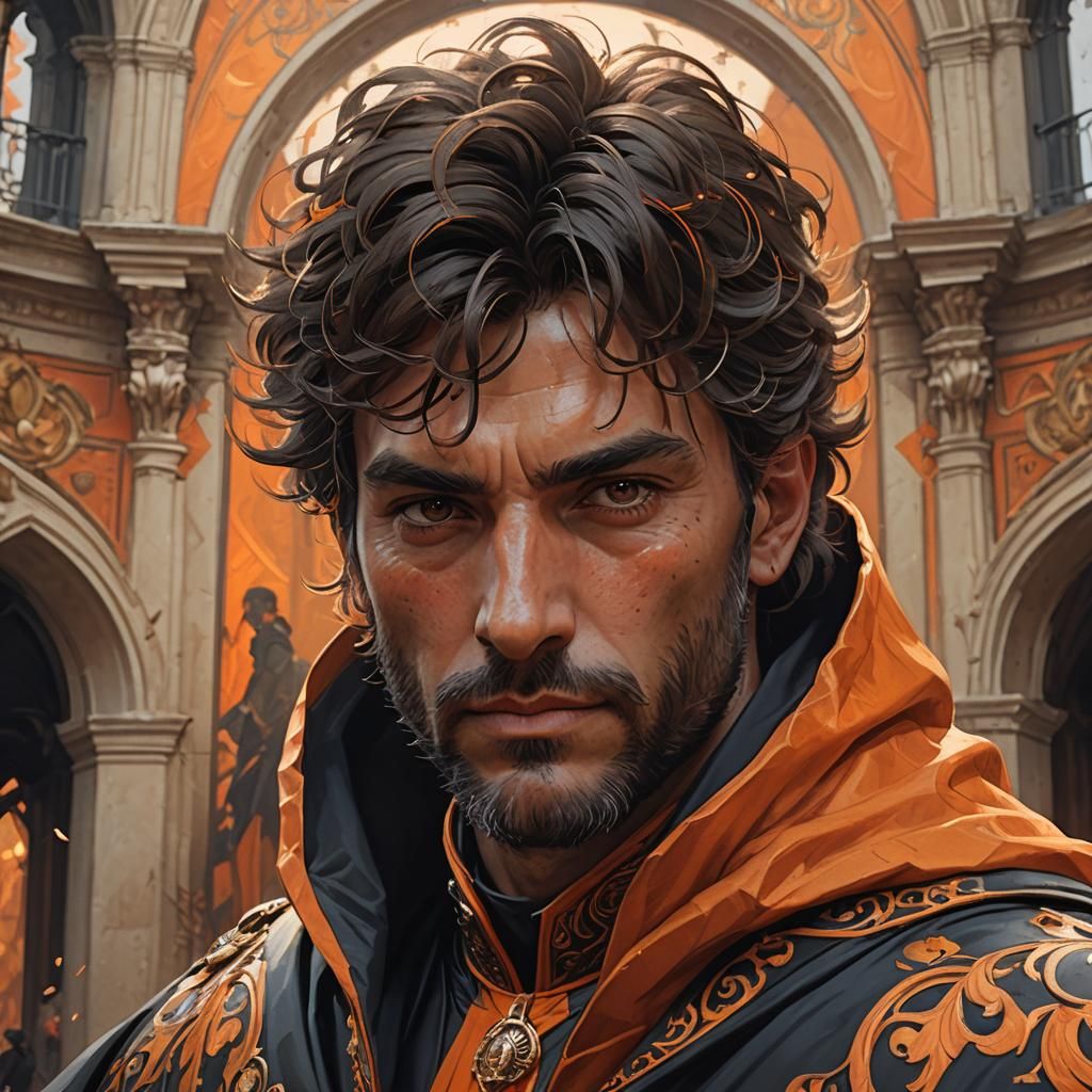 Italian Man in Orange and Black King's Cloak