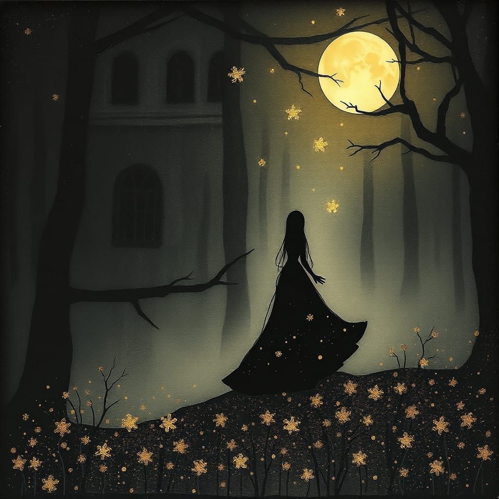 Minimalist Dark Fairytale Scene with Glittering Light
