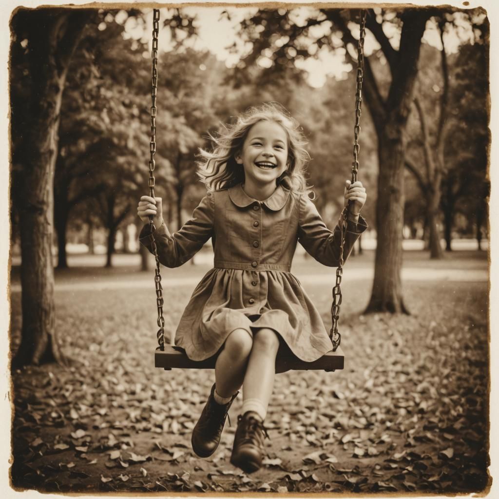 Smiling Girl on Swing: Sepia Polaroid Portrait