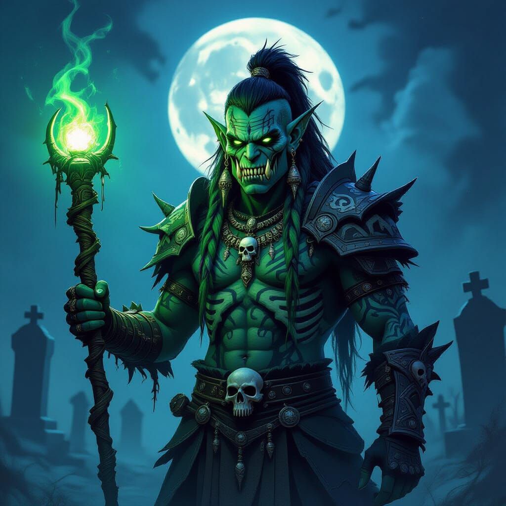 Orc Necromancer in Bone Armor with Glowing Staff