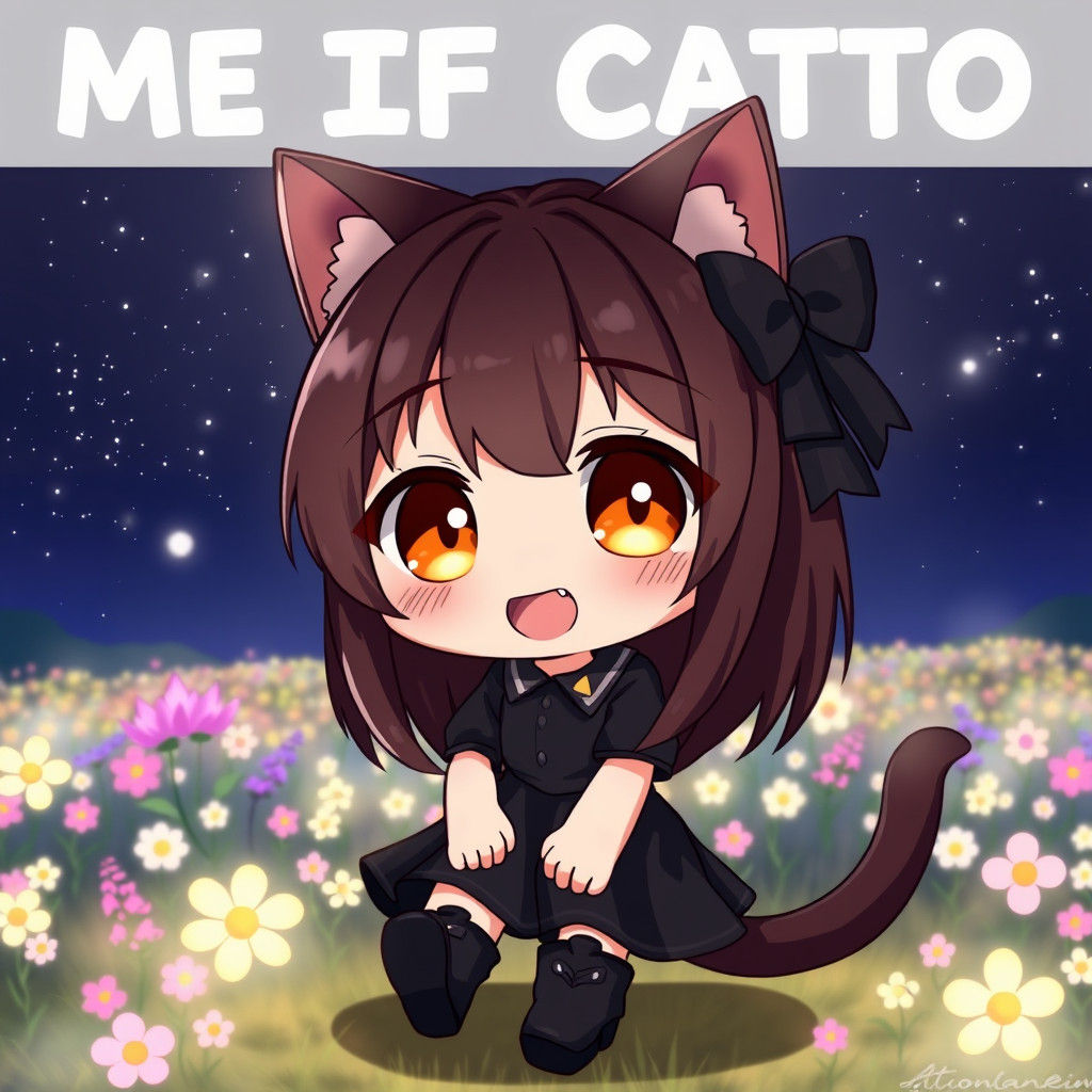 Anime Catgirl with Glowing Eyes in Starry Field
