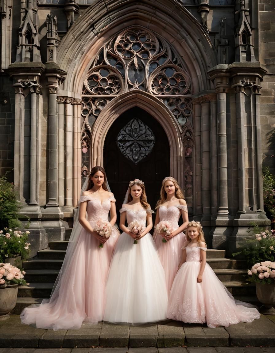 a bride in the doorway of a gothic church wearing a detailed...