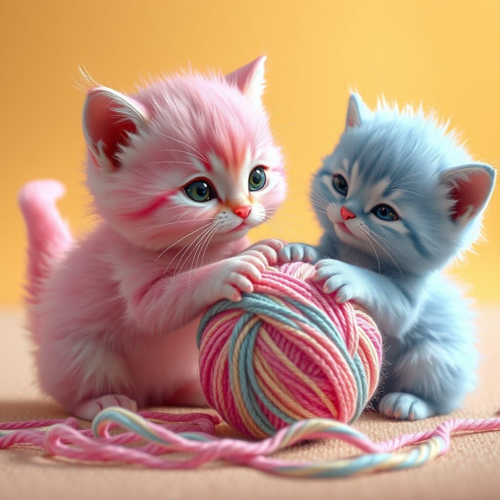 Whimsical Kittens Play with Yarn in Vibrant, Fantastical Set...