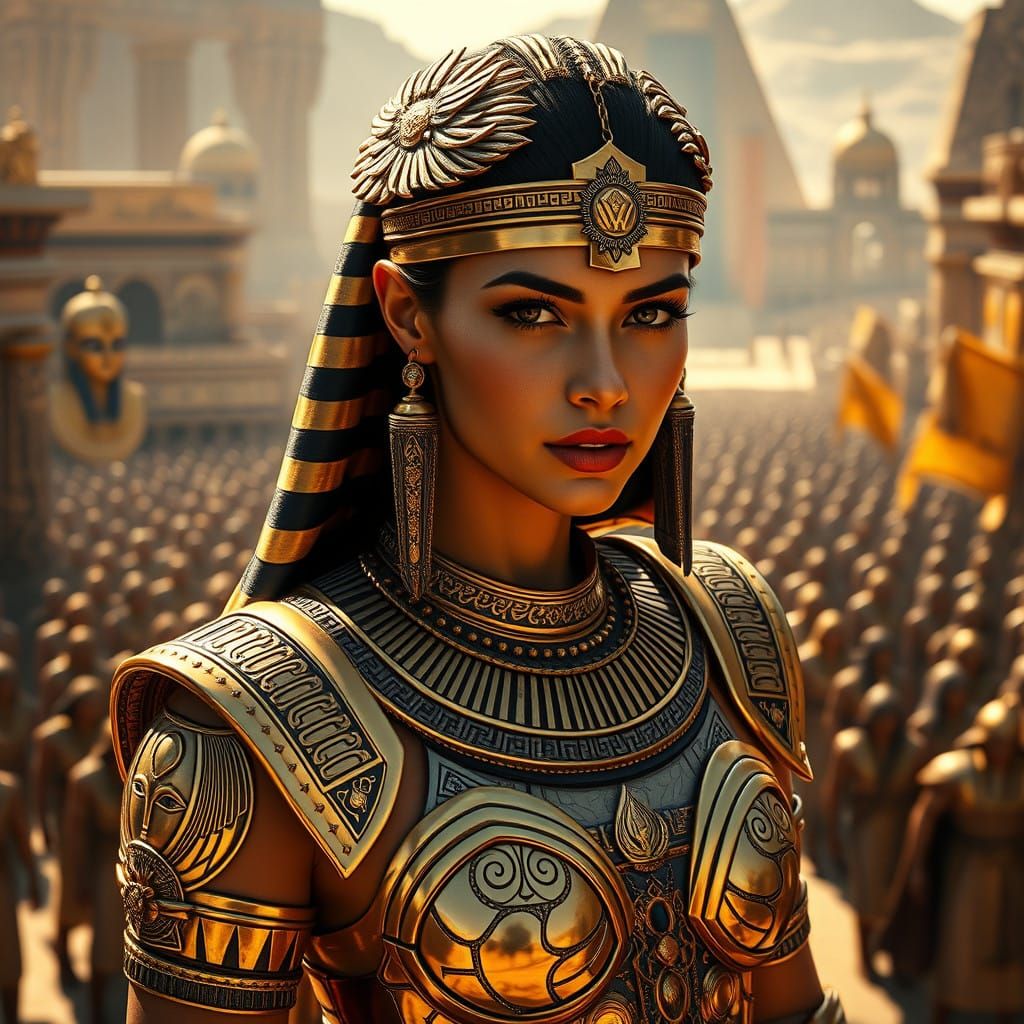 Ancient Egyptian Warrior Queen in Hyperrealistic Cityscape