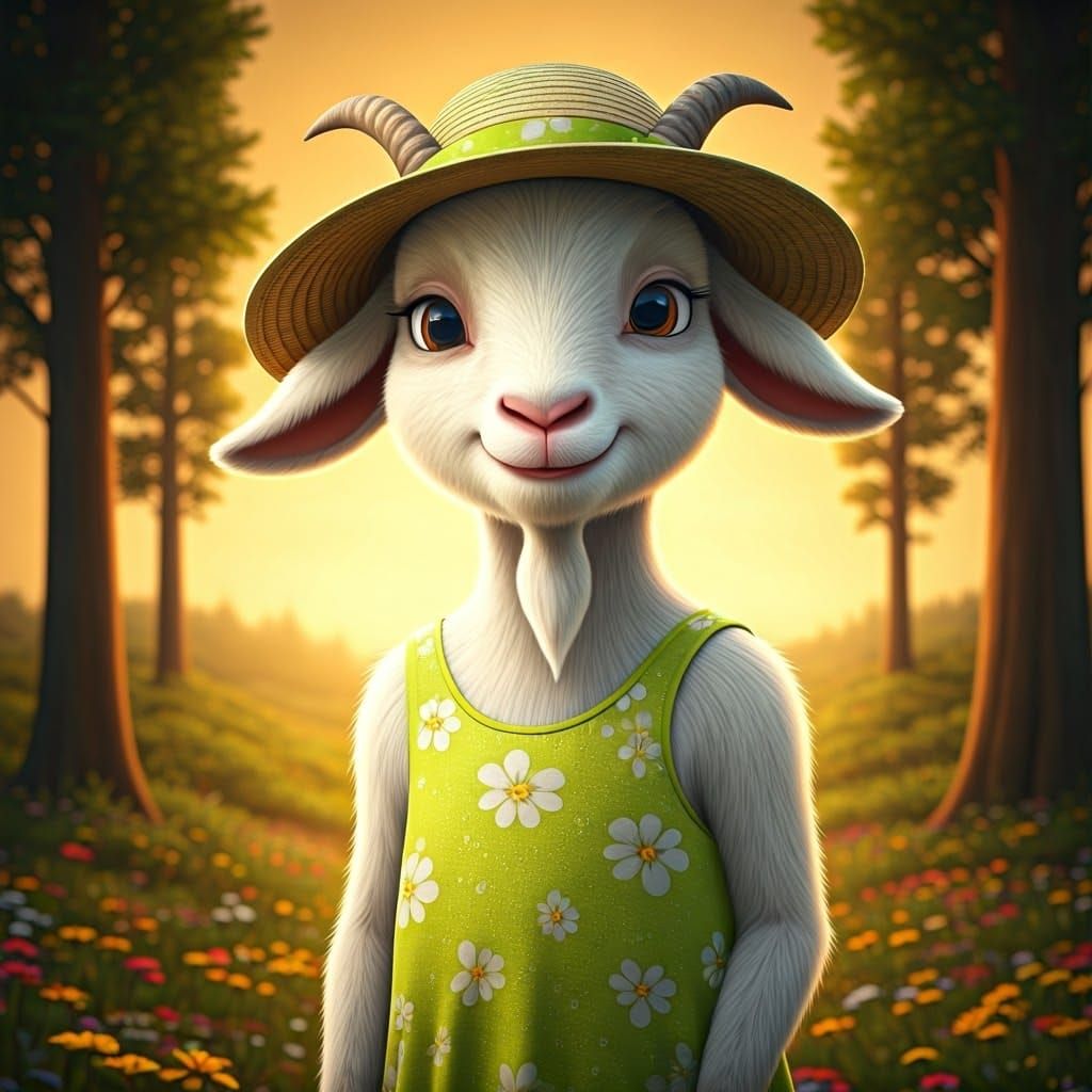 Gentle Goat in Green Dress, Pixar-style Digital Art