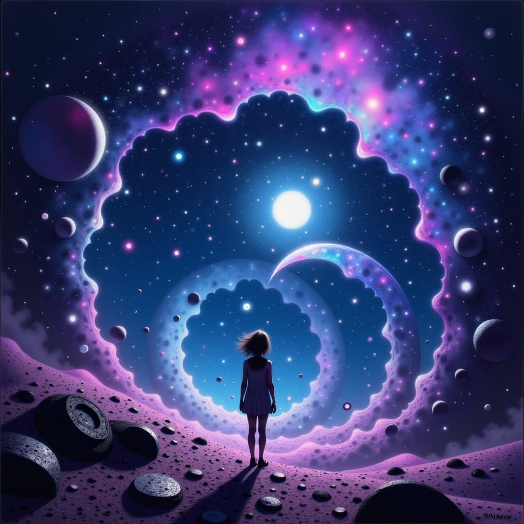 Cosmic Vortex: Woman at Edge of Galaxy