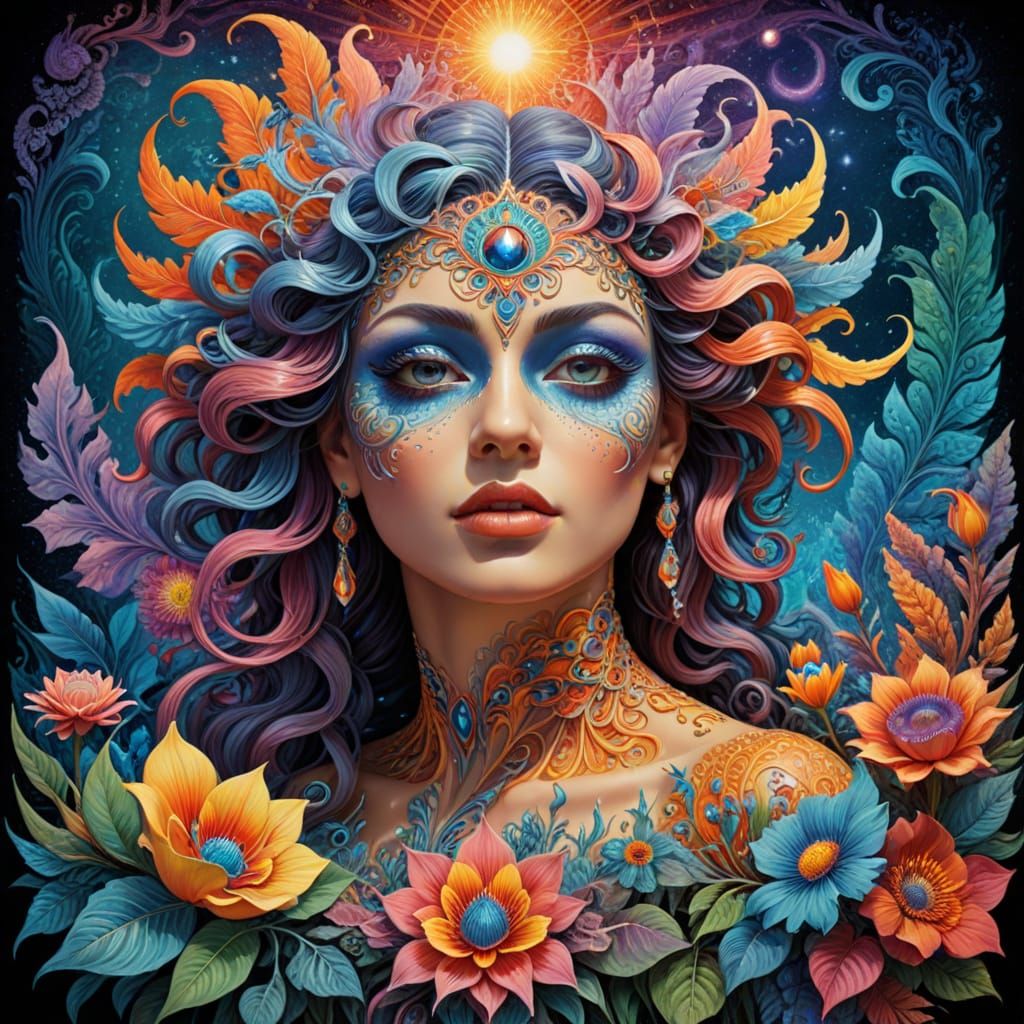 Vibrant Psychedelic Floral Bloom in a Cyberdelic Wonderland