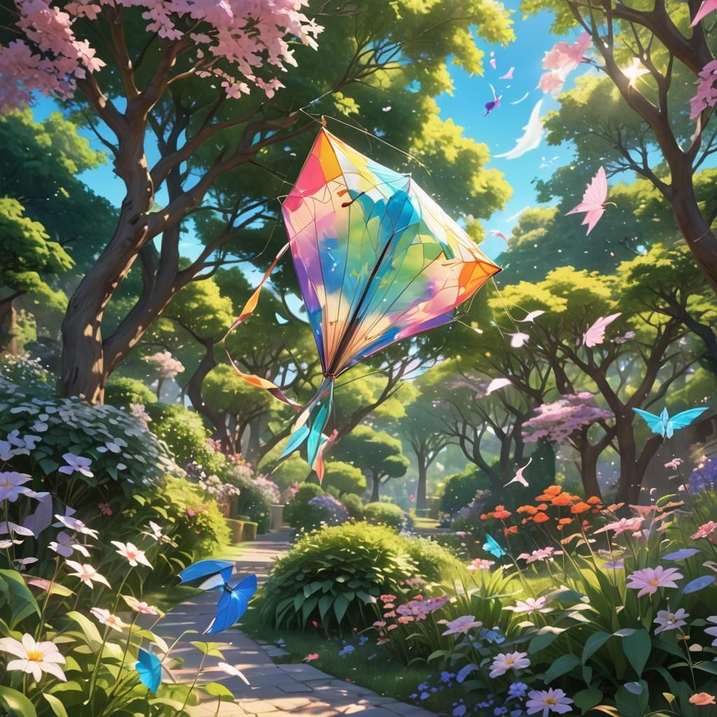 Anime Kite Soaring in Ethereal Garden Landscape