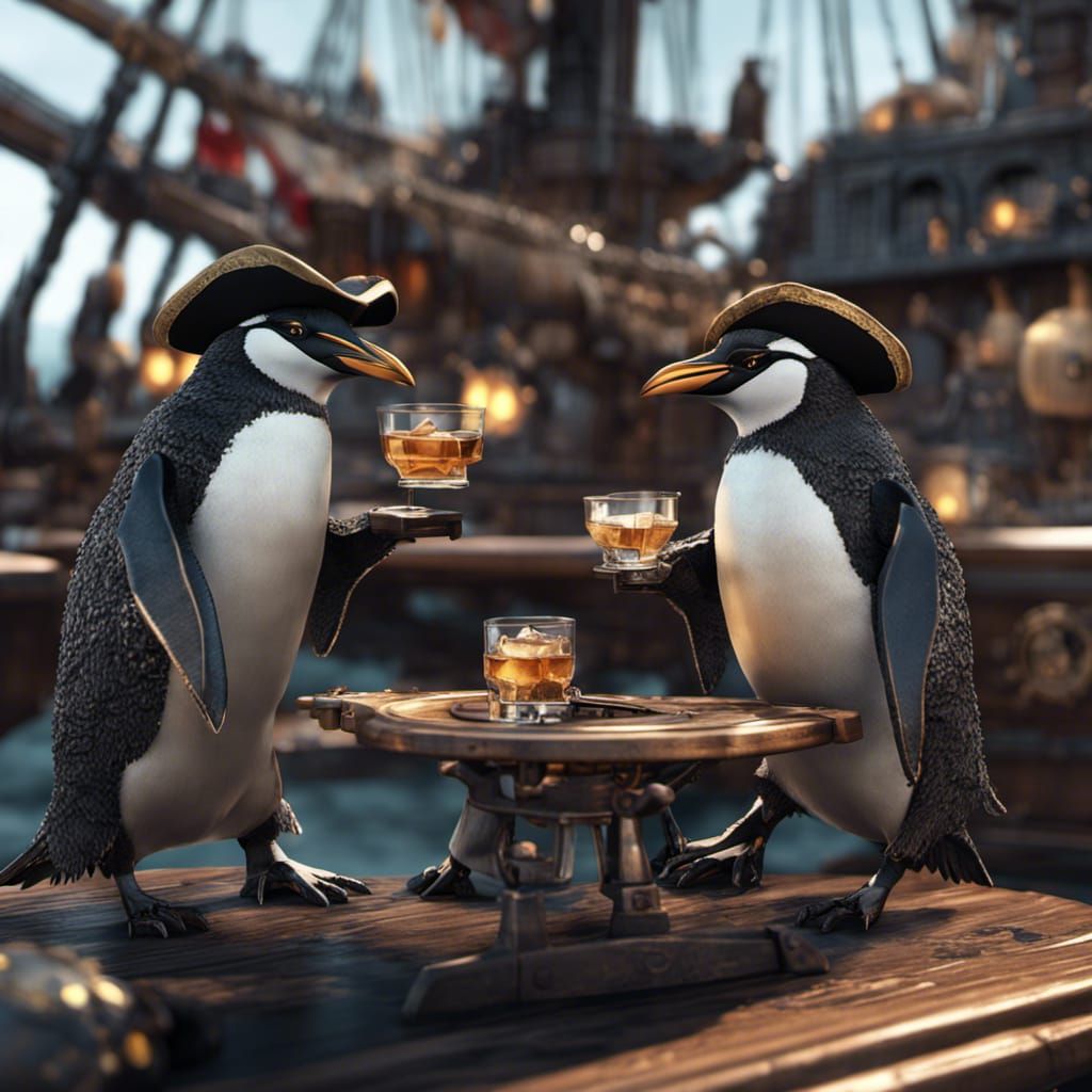 Penguin Pirates Toasting on Ship in Sci-Fi Style