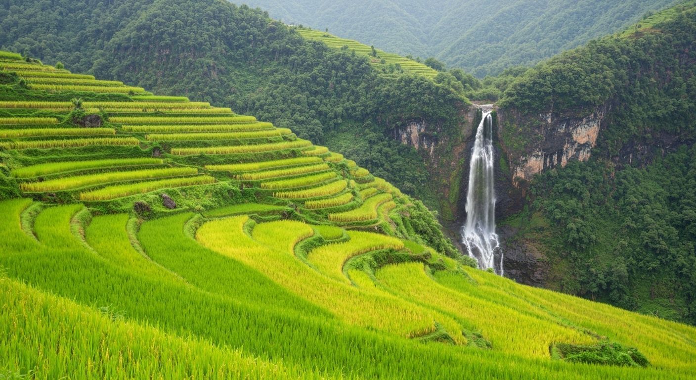 Lush Green Rice Terraces and Waterfall, Painterly Style