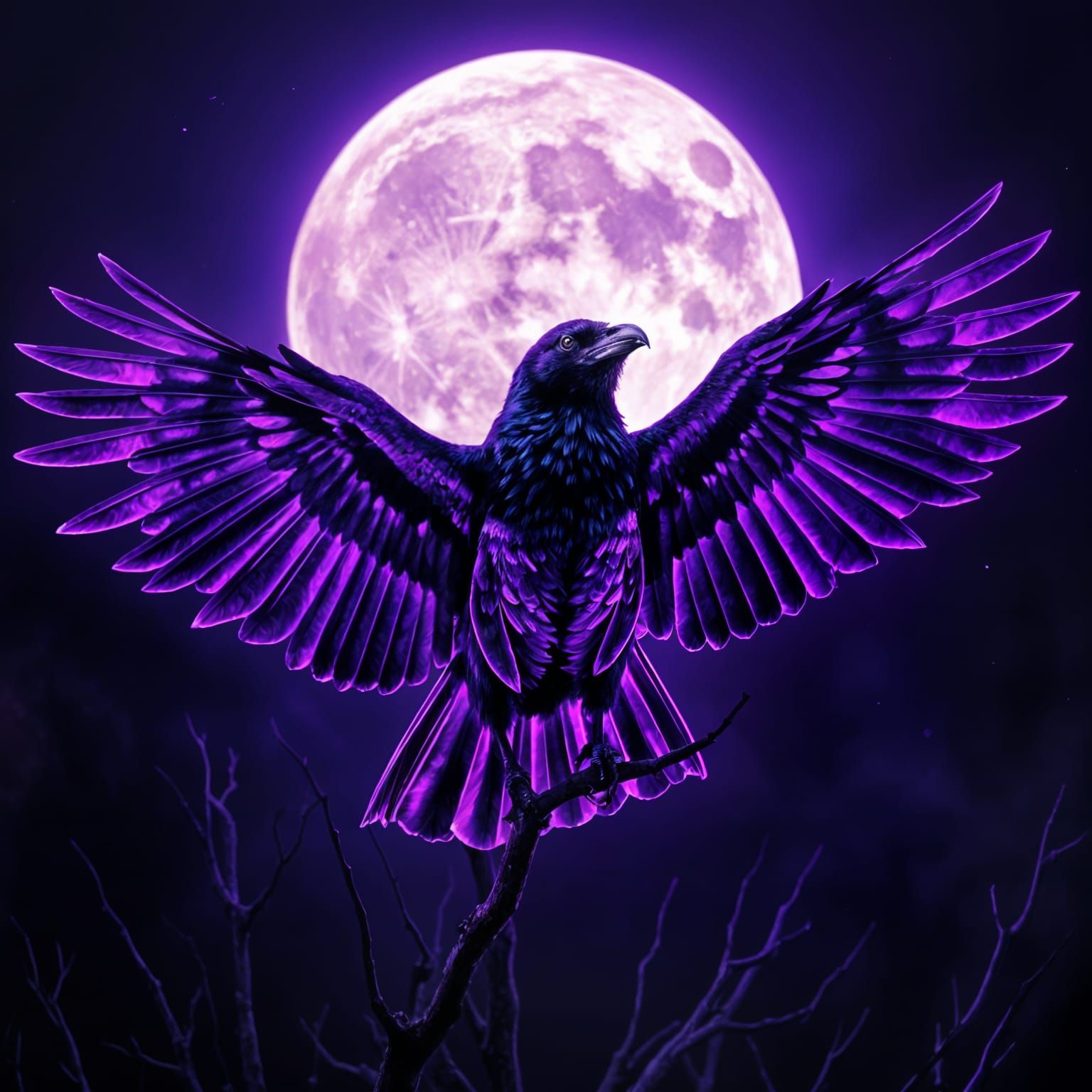 Glowing Raven with Purple Moon, Hyperrealistic Image