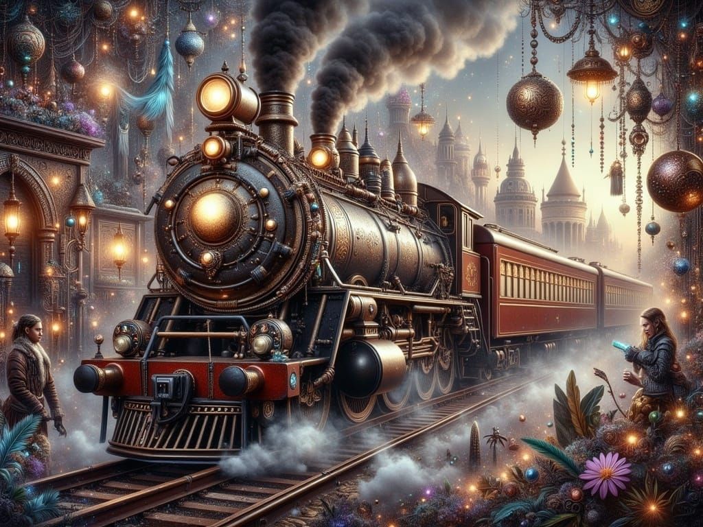 Ethereal Steampunk Train in a Gilded Metropolis