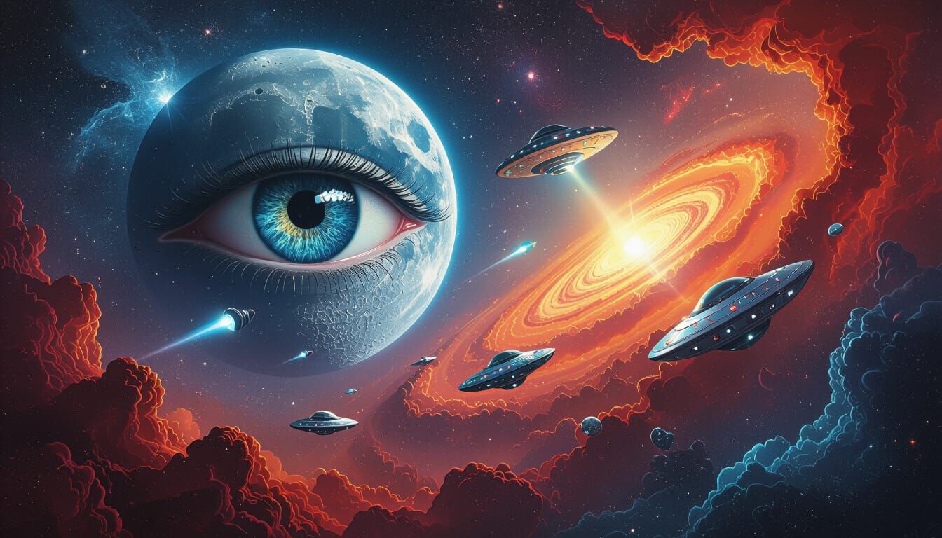 UFOs Travel to Moon Eye Through Nebula: Cosmic Illustration