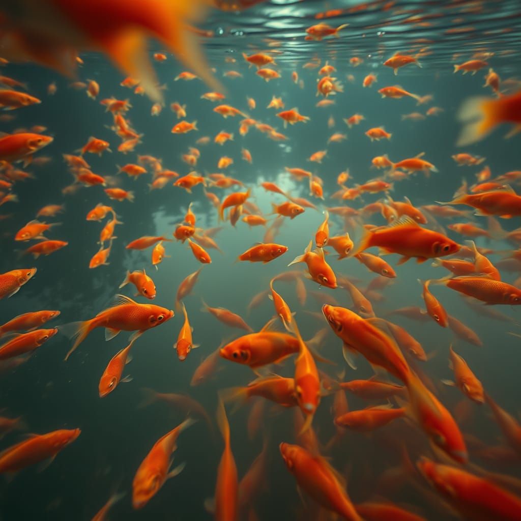 Surreal Scene of a Lake Teeming with Goldfish in Hyperrealis...