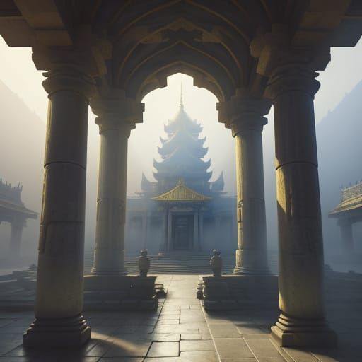 Mystical Temple Scene in Triadic Colors