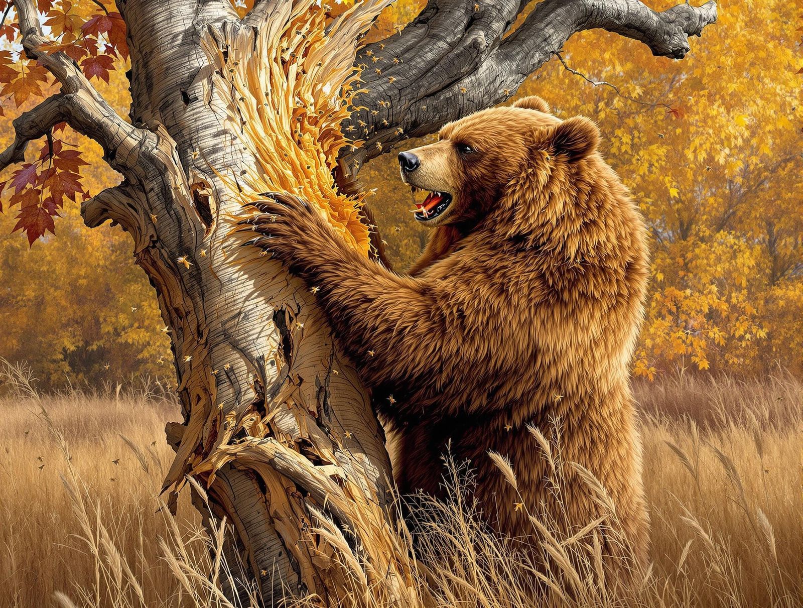 A bear tears into a honey tree