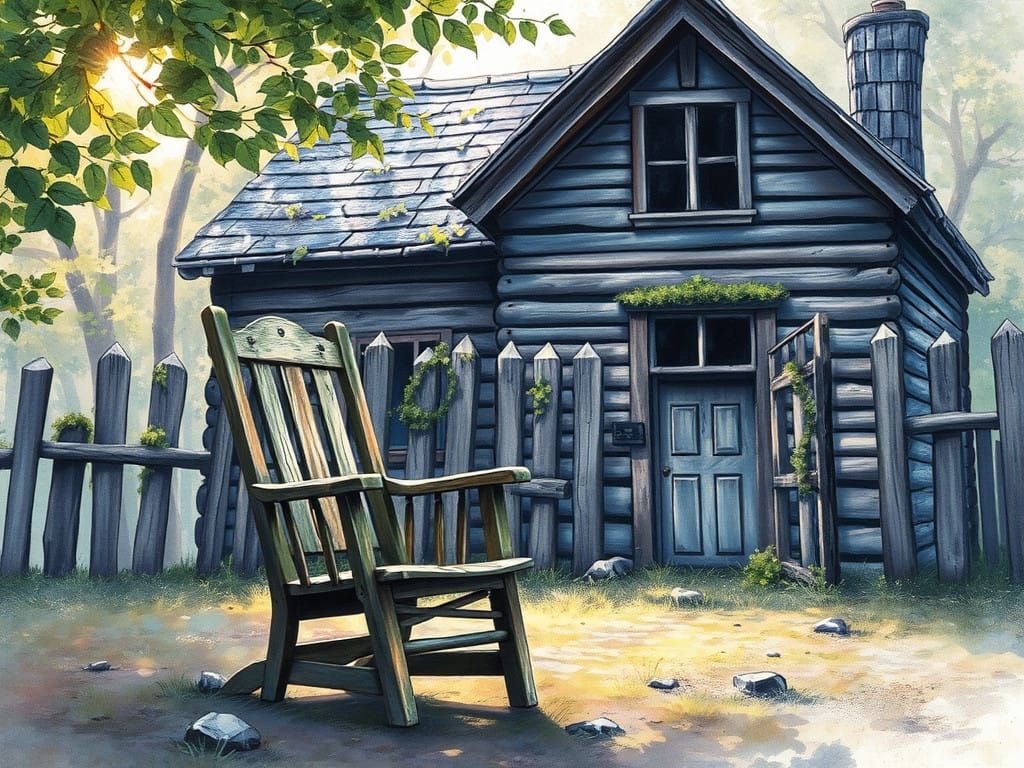 Old Wooden Chair and House in Dreamy Pastel Watercolor
