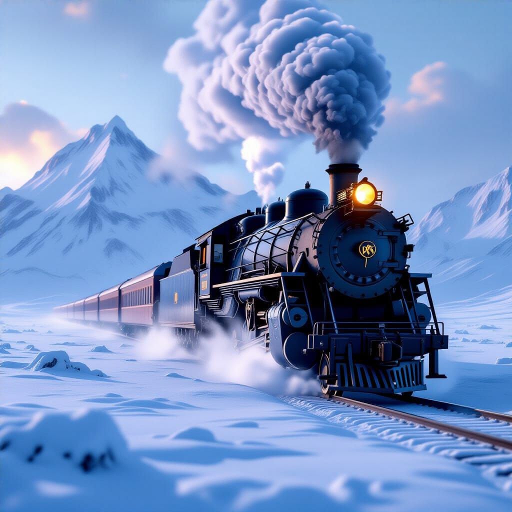 Majestic Frost-Covered Steam Train in Winter Tundra