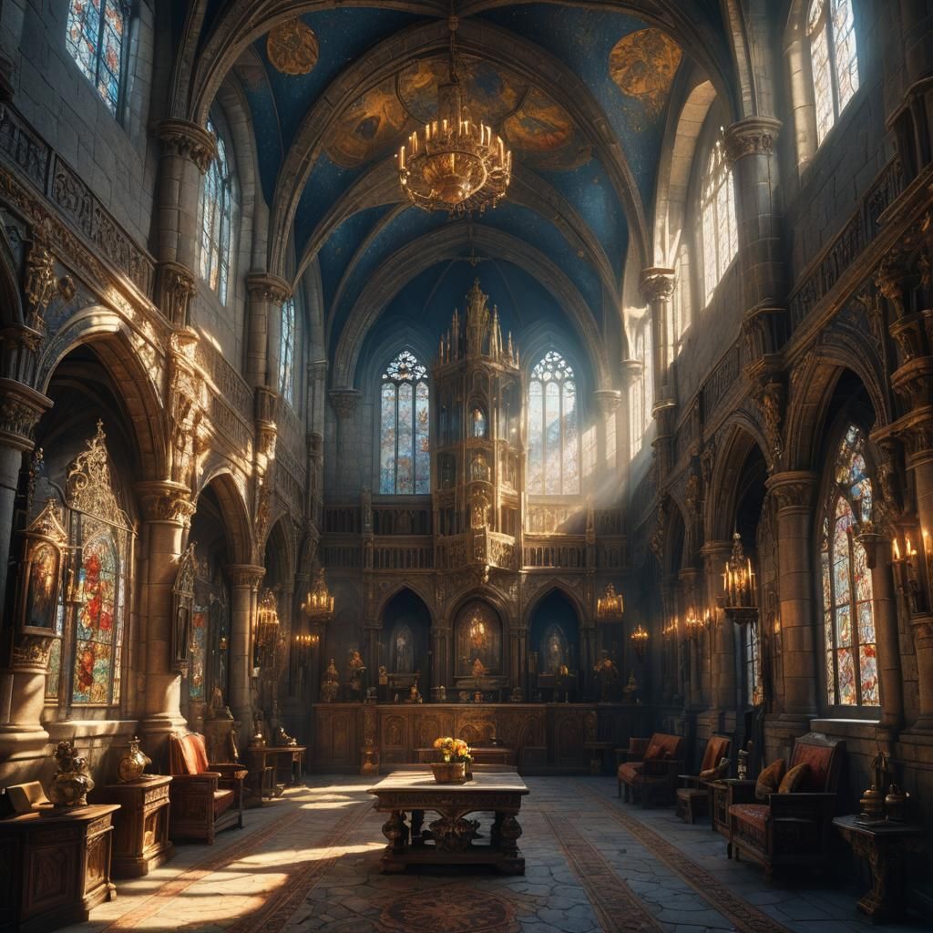 Grand Castle Interior with Sunlight, Fantasy Concept Art
