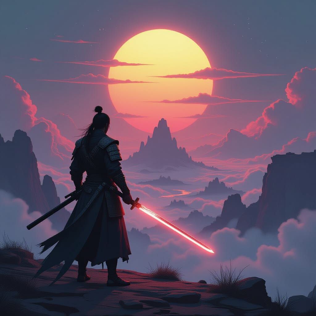 Samurai Warrior on Alien Mesa with Twin Suns