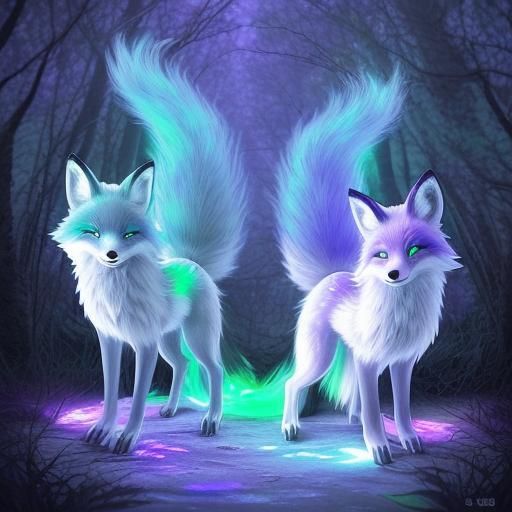 Nine-Tailed Foxes with Auras in Dark Forest