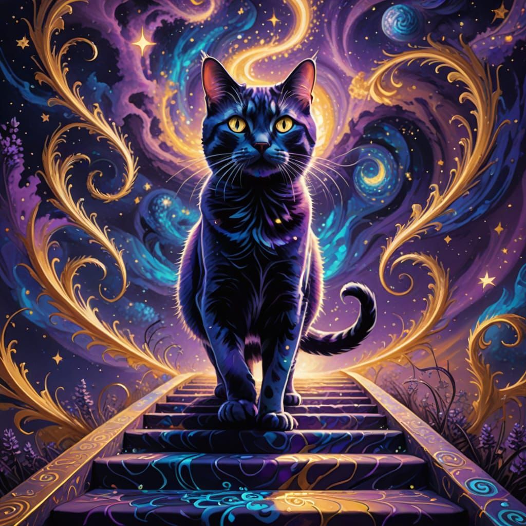 Cat Steps into Infinity: Surrealist Oil Painting