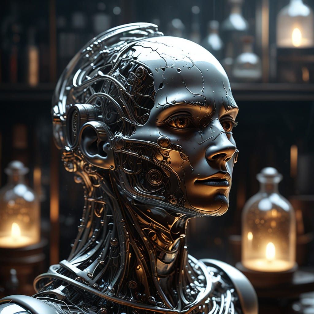 Ethereal Liquid Humanoid Figure in Mercury-Like State