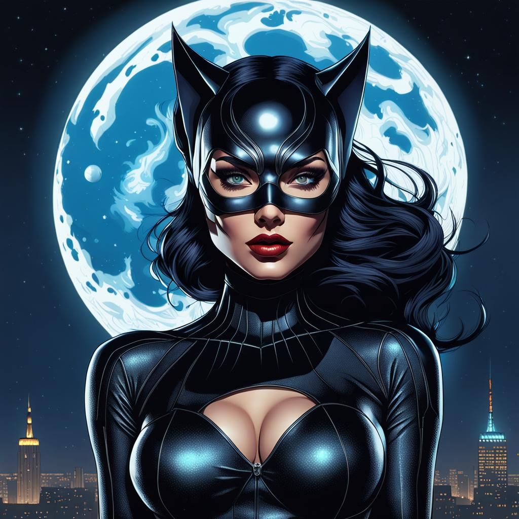 Catwoman Portrait Under Full Moon, Hyperreal Art