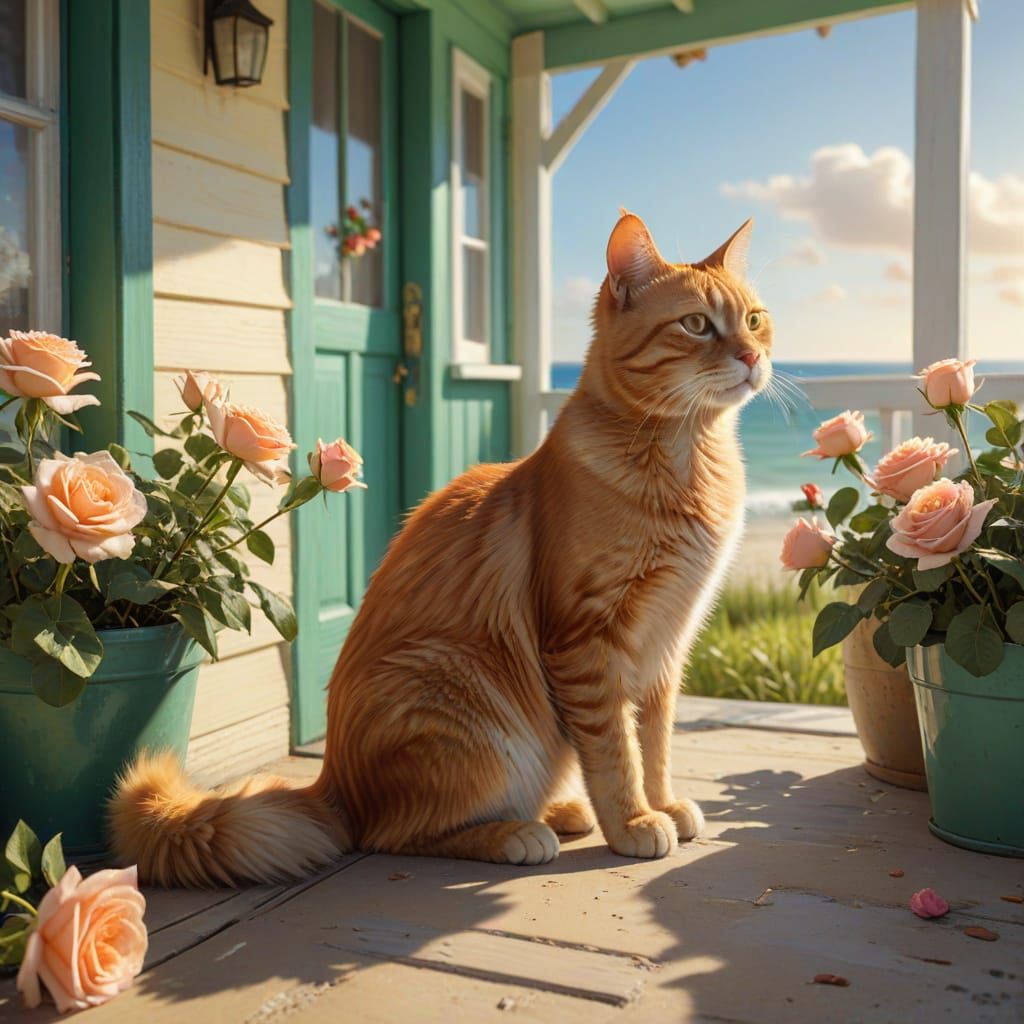 Ginger Cat on Beach Cottage Porch as Oil Painting