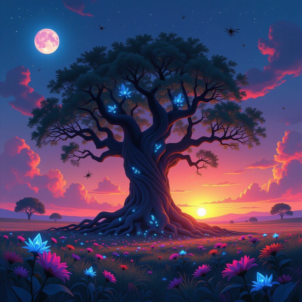 Ancient Tree with Crystal Roots in Alien Flora