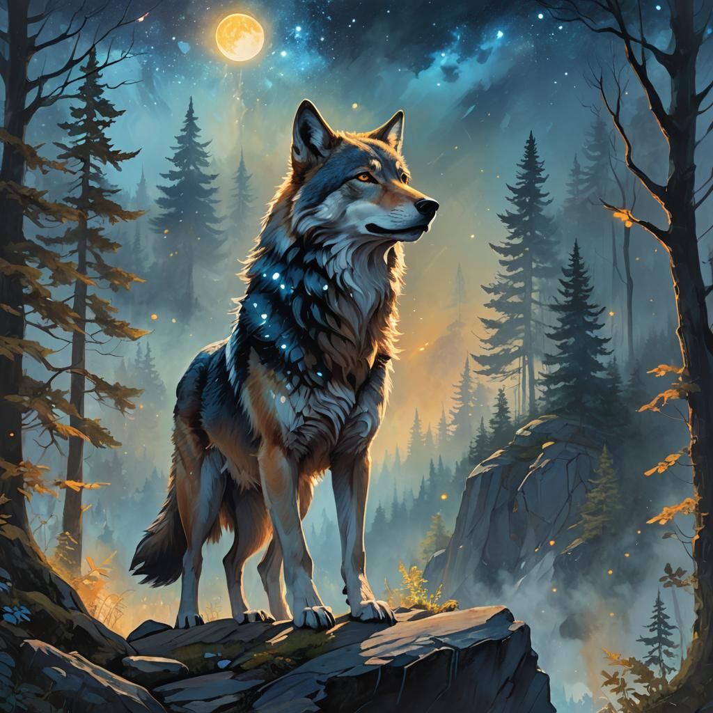 Mystical Star Wolf Overlooking Forest, Oil Painting